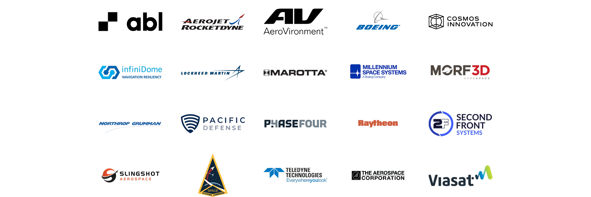 Aerospace brands in El Segundo: abl, Aerojet Rocketdyne, AeroVironment, Boeing, Cosmos Innovation, infiniDome, Lockheed Martin, Marotta, Millenium Space Systems, Morf3D, Northrop Grumman, Pacific Defense, PhaseFour, Raytheon, Second Front Systems, Slingshot Aerospace, Space Systems Command, Teledyne Technologies, The Aerospace Corporation, Viasat